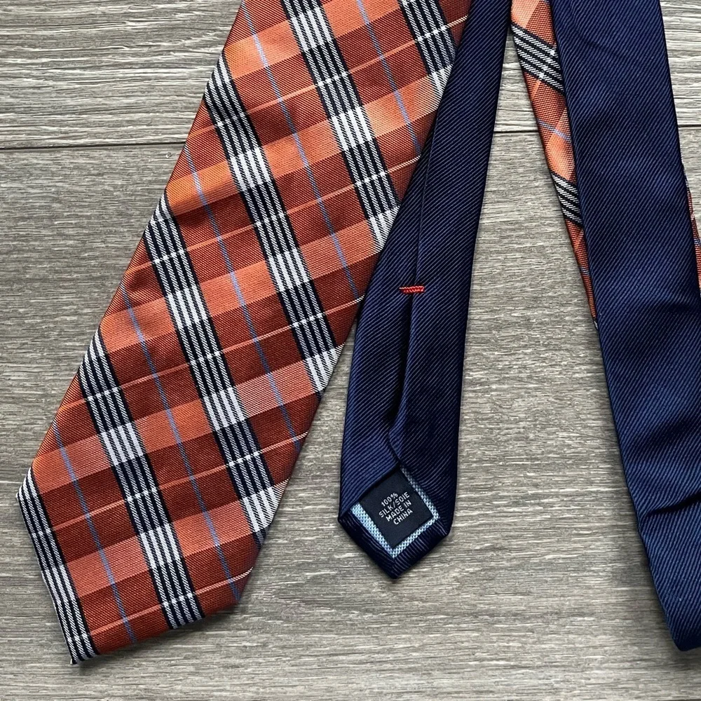 Tommy Hilfiger Orange Navy Plaid 100% Silk Neck Tie Work Business Career 60”x 3”